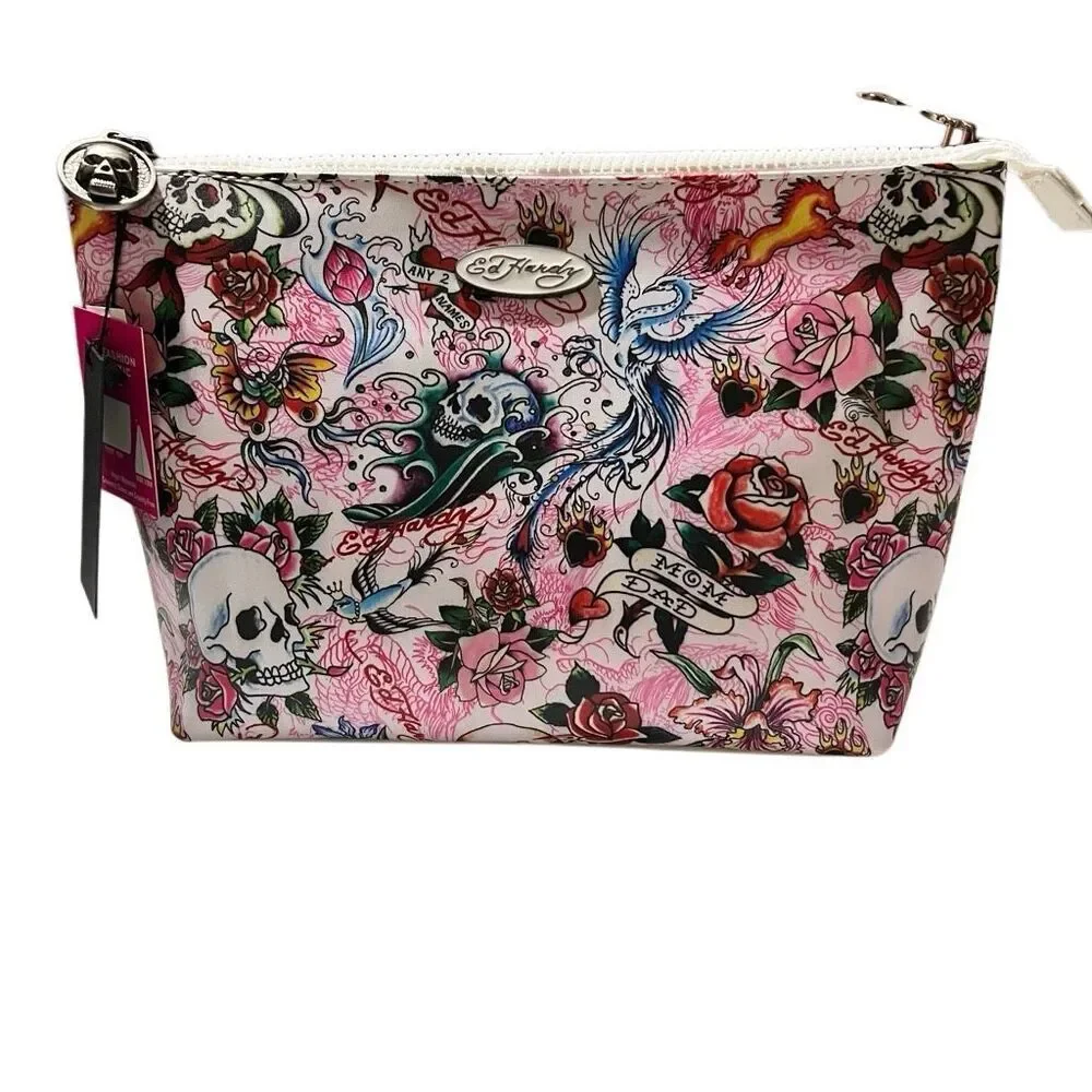 NWT Y2K Ed Hardy Tattoo Graphic Print Canvas White Pink Skull Floral Flame